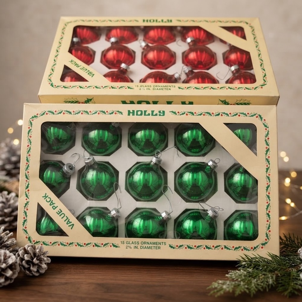 Vtg 2 Box Holly Glass Christmas Ornaments Balls 30pc Red Green Fluted Sled